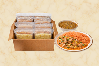 Caja de cerdo con calabazas, arroz blanco y sopa de lentejas-alt