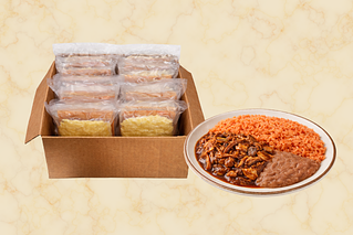 Caja de pollo con mole, arroz rojo y frijoles refritos-alt
